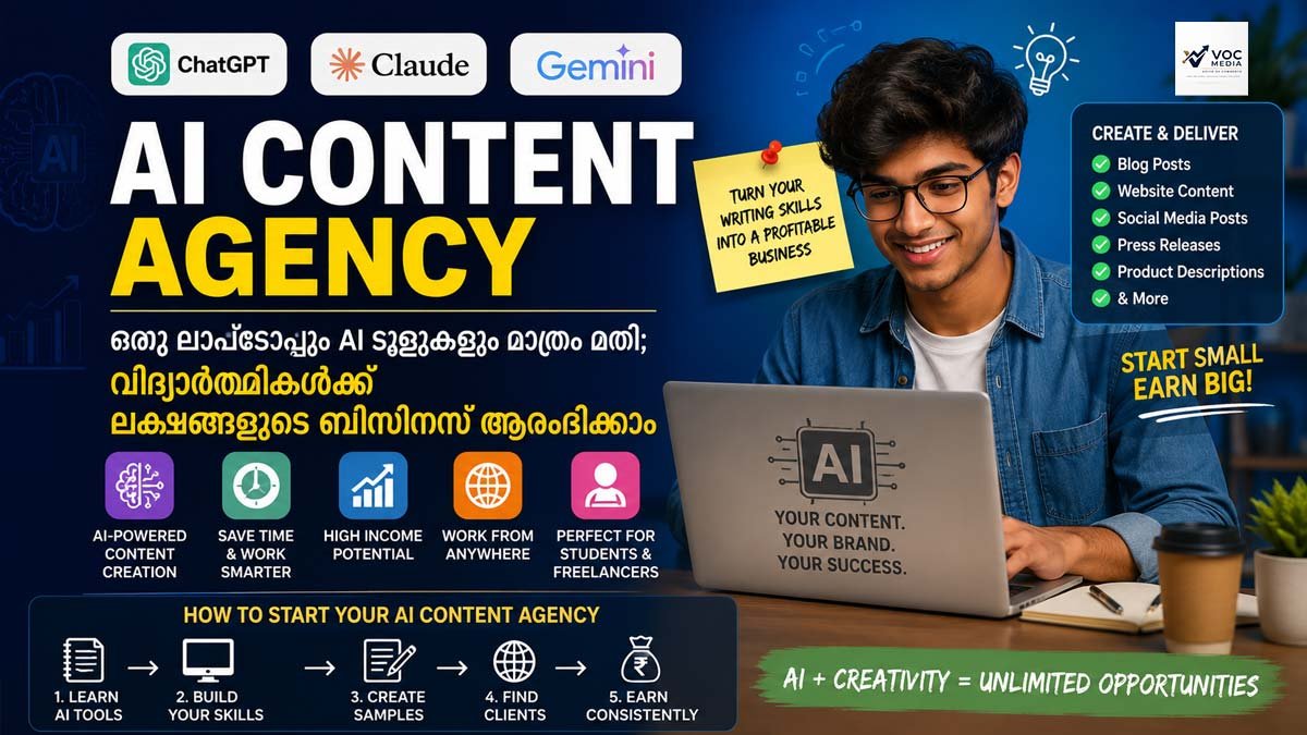 AI Content Agency: ഒരു ലാപ്‌ടോപ്പും AI ടൂളുകളും മാത്രം മതി; വിദ്യാർത്ഥികൾക്ക് ലക്ഷങ്ങളുടെ ബിസിനസ് ആരംഭിക്കാം