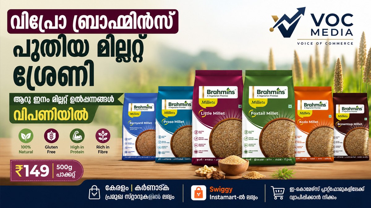 വിപ്രോ ബ്രാഹ്മിൻസ് പുതിയ മില്ലറ്റ് ഉൽപ്പന്നങ്ങൾ അവതരിപ്പിച്ചു; ആരോഗ്യകരമായ ഭക്ഷണശീലങ്ങൾക്ക് പ്രോത്സാഹനം