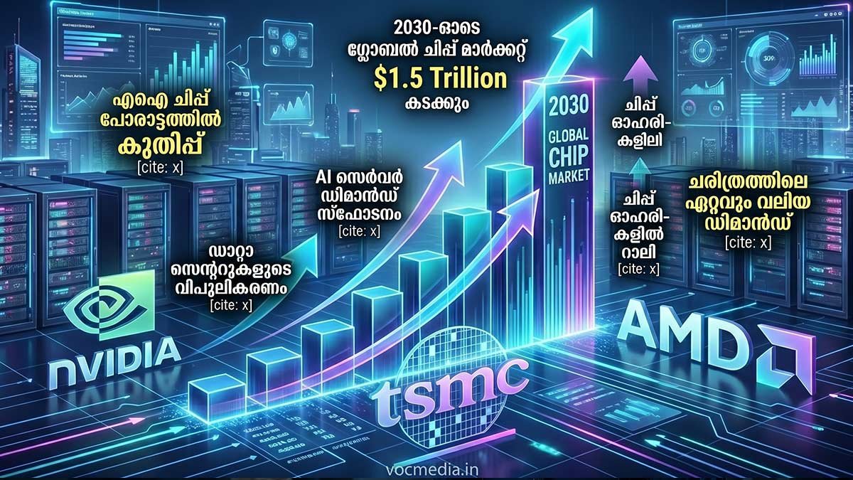 എഐ ചിപ്പ് പോരാട്ടത്തിൽ ആഗോള വിപണി കുലുങ്ങുന്നു; 2030-ഓടെ ചിപ്പ് വിപണി 1.5 ട്രില്യൺ ഡോളറിലെത്തുമെന്ന് ടിഎസ്എംസി!