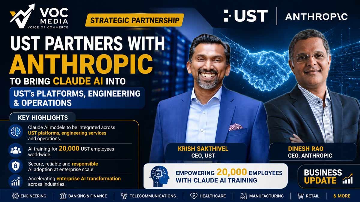 UST–Anthropic കൈകോർക്കുന്നു; Claude AI ഇനി UST പ്ലാറ്റ്‌ഫോമുകളിലേക്ക്, 20,000 ജീവനക്കാർക്ക് AI പരിശീലനം